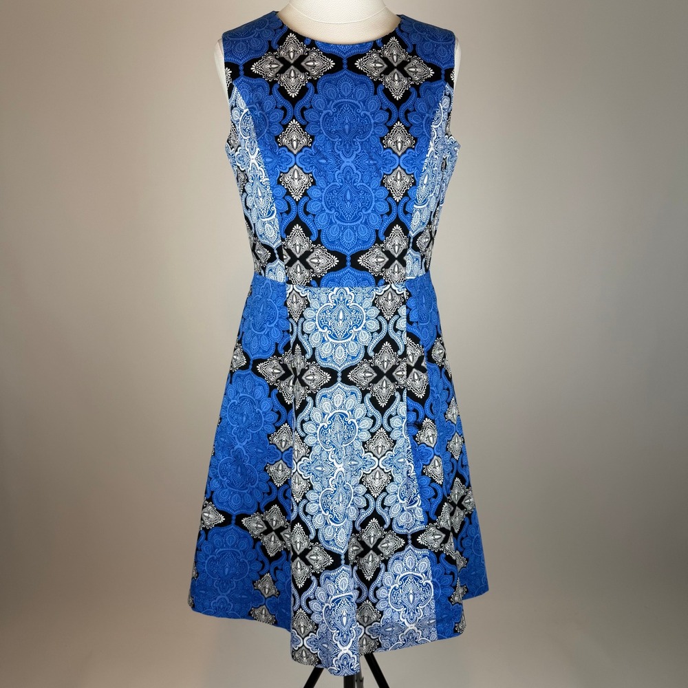 Maggy London Blue Sleeveless Cotton Fit & Flare Dress Womens Sz 8 Career Office